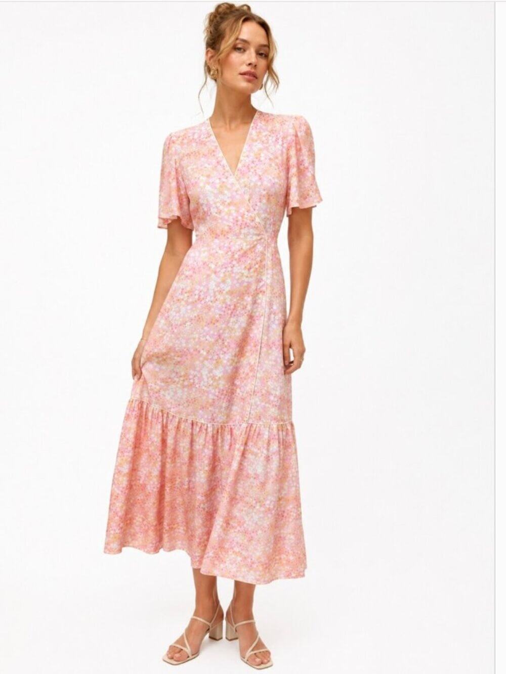 LaRoque Ruffle Wrap Mid Dress Short Sleeve Pink Micro Floral Size Small